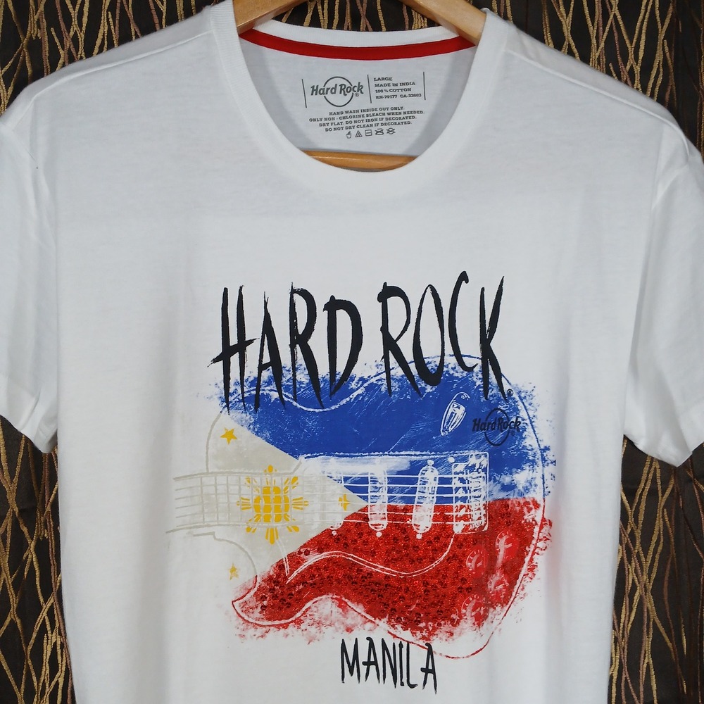 Hard Rock Cafe Manila‎ Philippines Guitar Flag Graphic T-Shirt Mens Large White